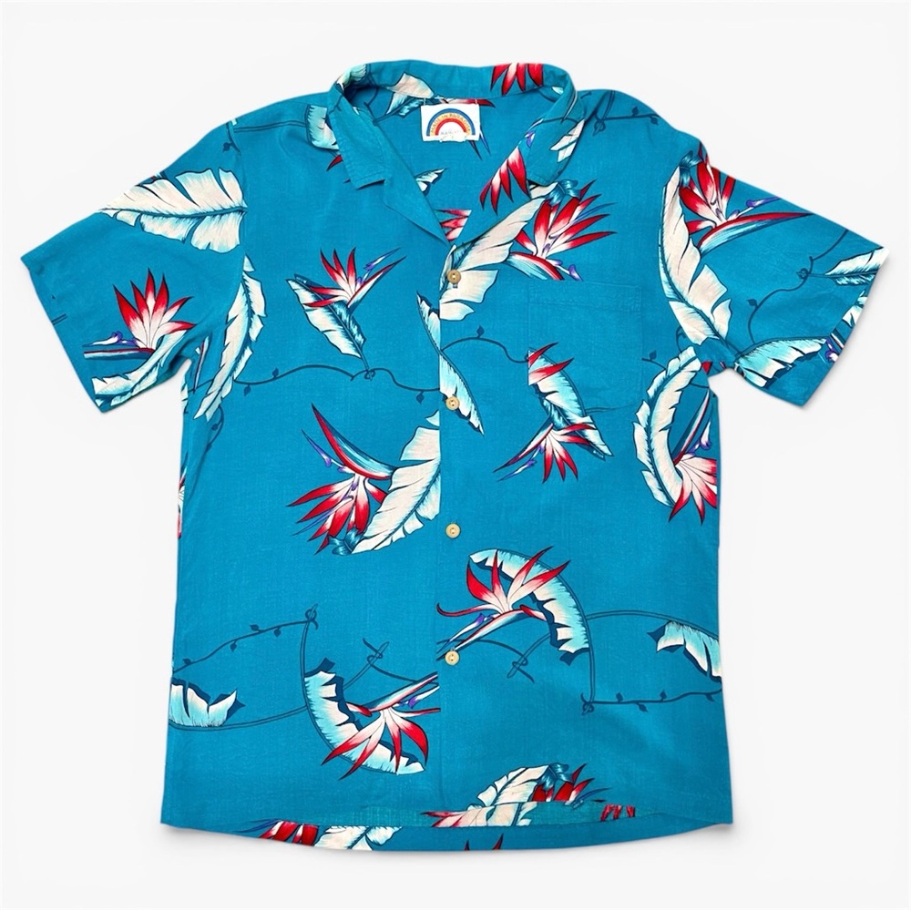 Vintage 80's Hawaiian Button Up Camp Collar Turquoise Aloha Shirt, Men's Small
